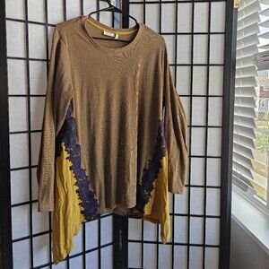LOGO Lounge Brown And Gold Long Sleeve Top Black Lace - 1X - Lagenlook
